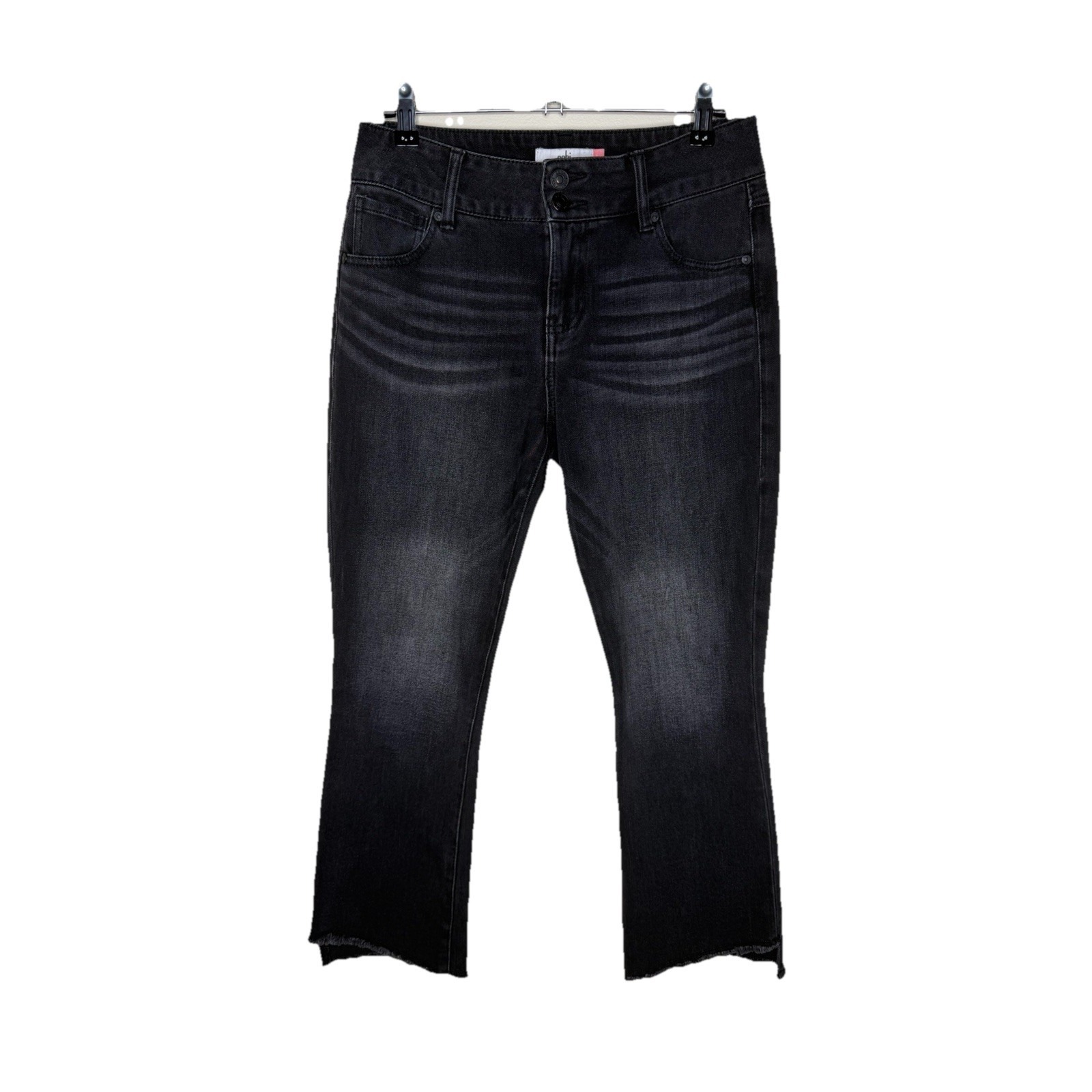 Cabi Hi Low Crop Raw Hem Denim Jeans Size 4 Washed Black Stretch Casual
